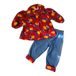 Vintage 1990s Y2k Colorful Floral Fleece Jacket & Jeans 2pc Set